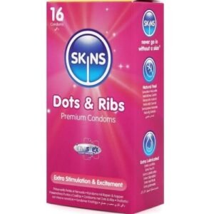 SKINS – DOTS & RIBS PREMIUM CONDOMS 16 Vnt. skins kondoomid 1 Skins Dots & Ribs Premium Condoms 16 vnt. – stimuliuojančių prezervatyvų dėžutė su taškeliais ir rumbeliais